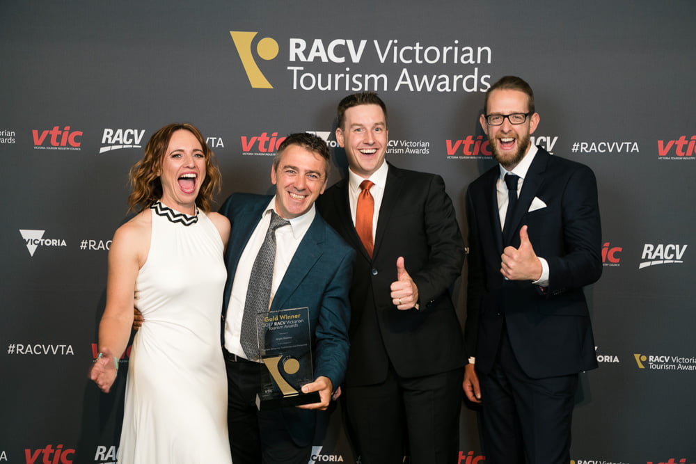 Sarah Higman, Scott Brandon, James Davidson and Richard Chamberlin celebrate their Gold Award at the 2017 RACV Victorian Tourism Awards.